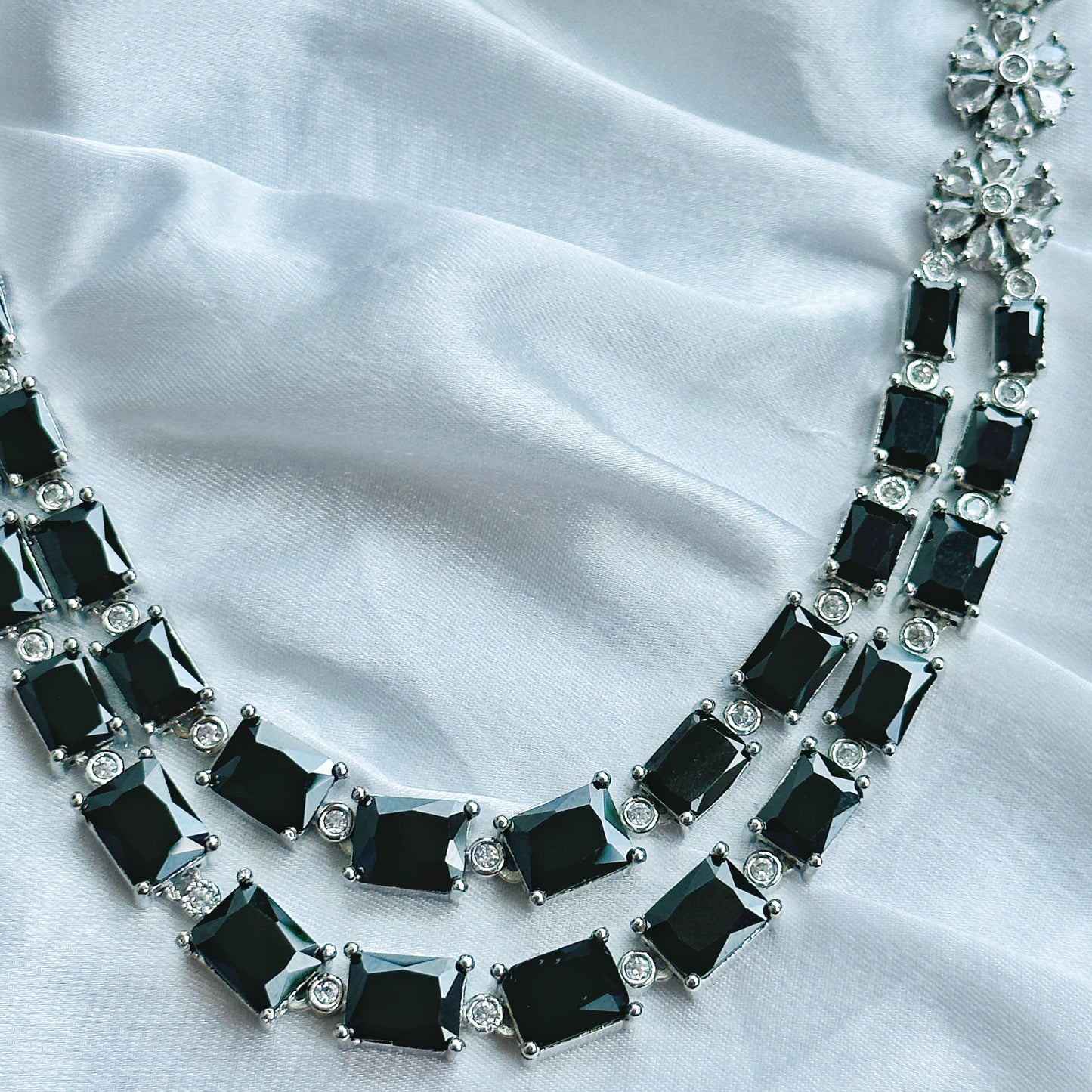 Arha Collection Black Zircon Double Chain American Diamond Silver Plated Necklace Set