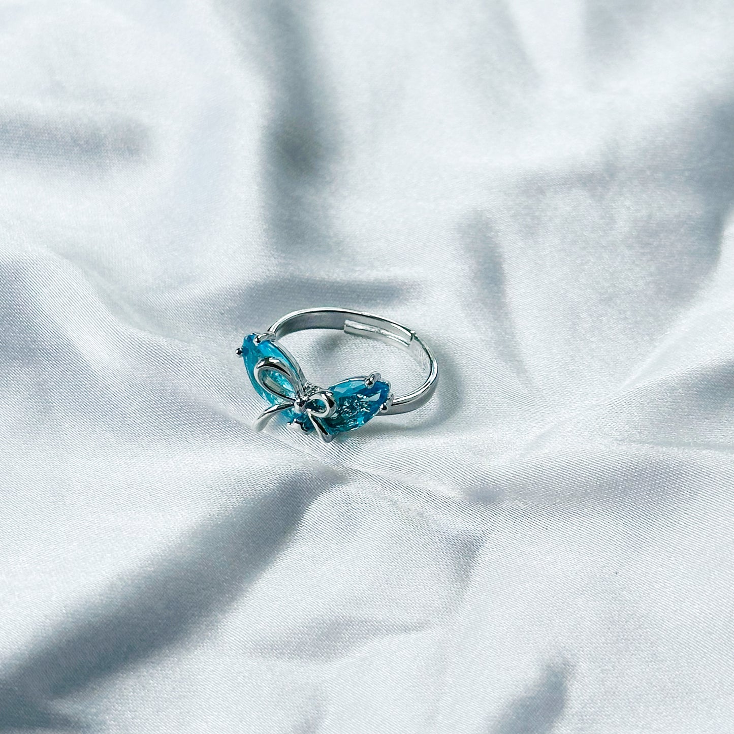 Aqua Blue Sapphire Cubic Zirconia American Diamond Silver Plated Adjustable Ring