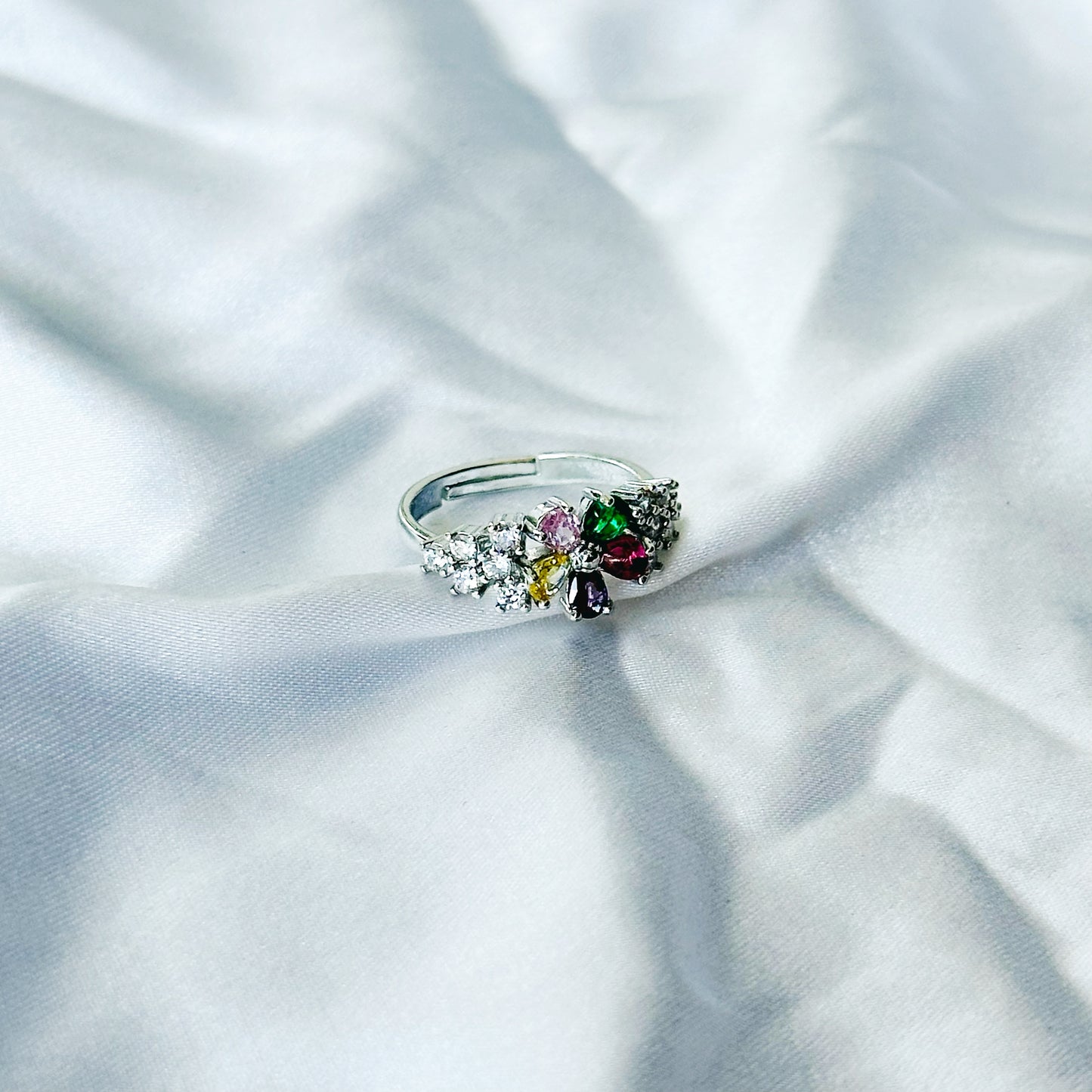 Multi Cubic Zircon Stone American Diamond Silver Plated Adjustable Ring
