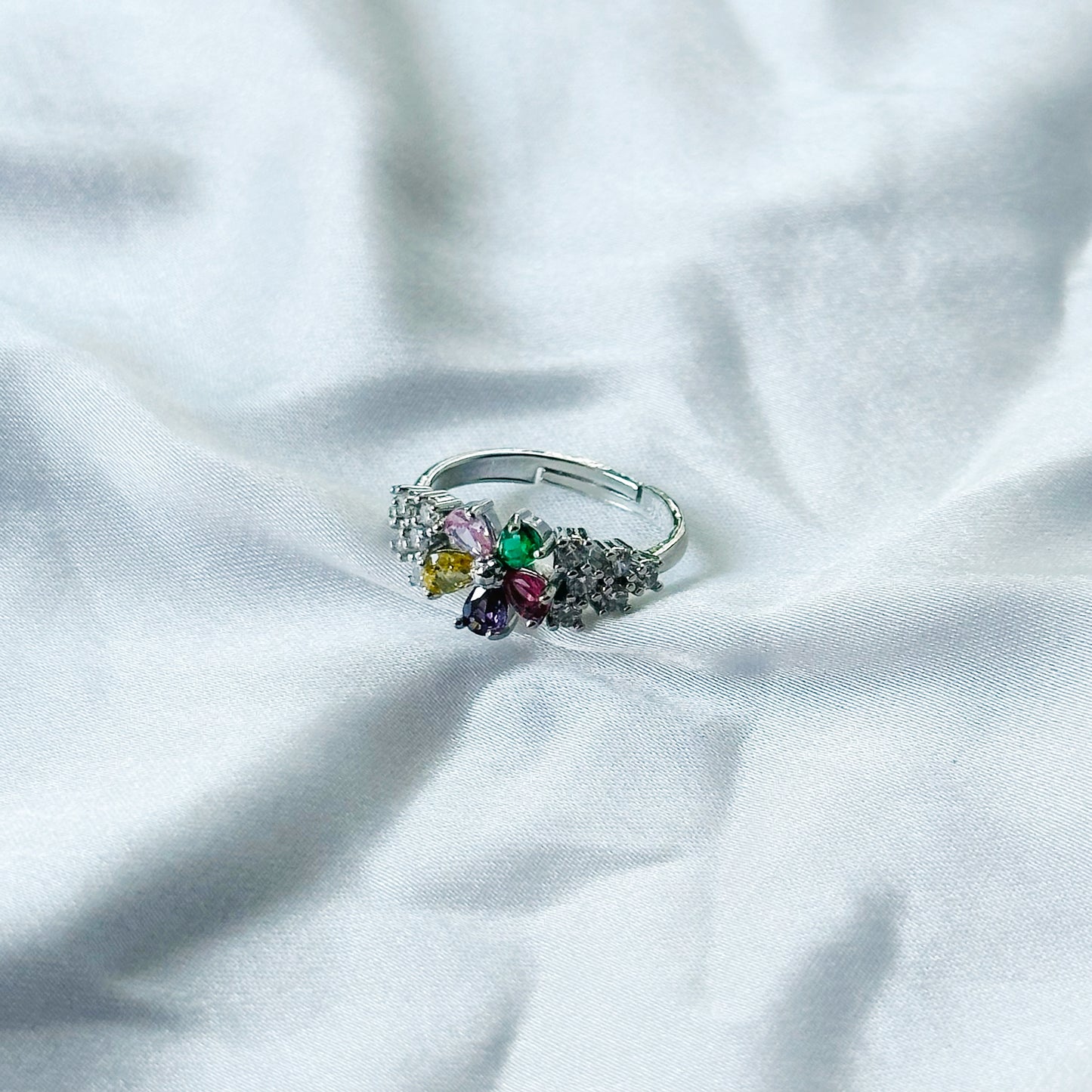 Multi Cubic Zircon Stone American Diamond Silver Plated Adjustable Ring