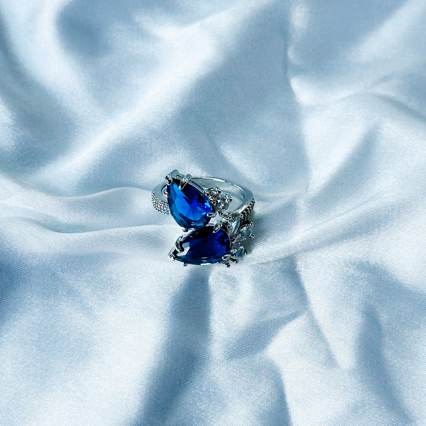 Blue Sapphire Cubic Zircon American Diamond Silver Plated Adjustable Ring