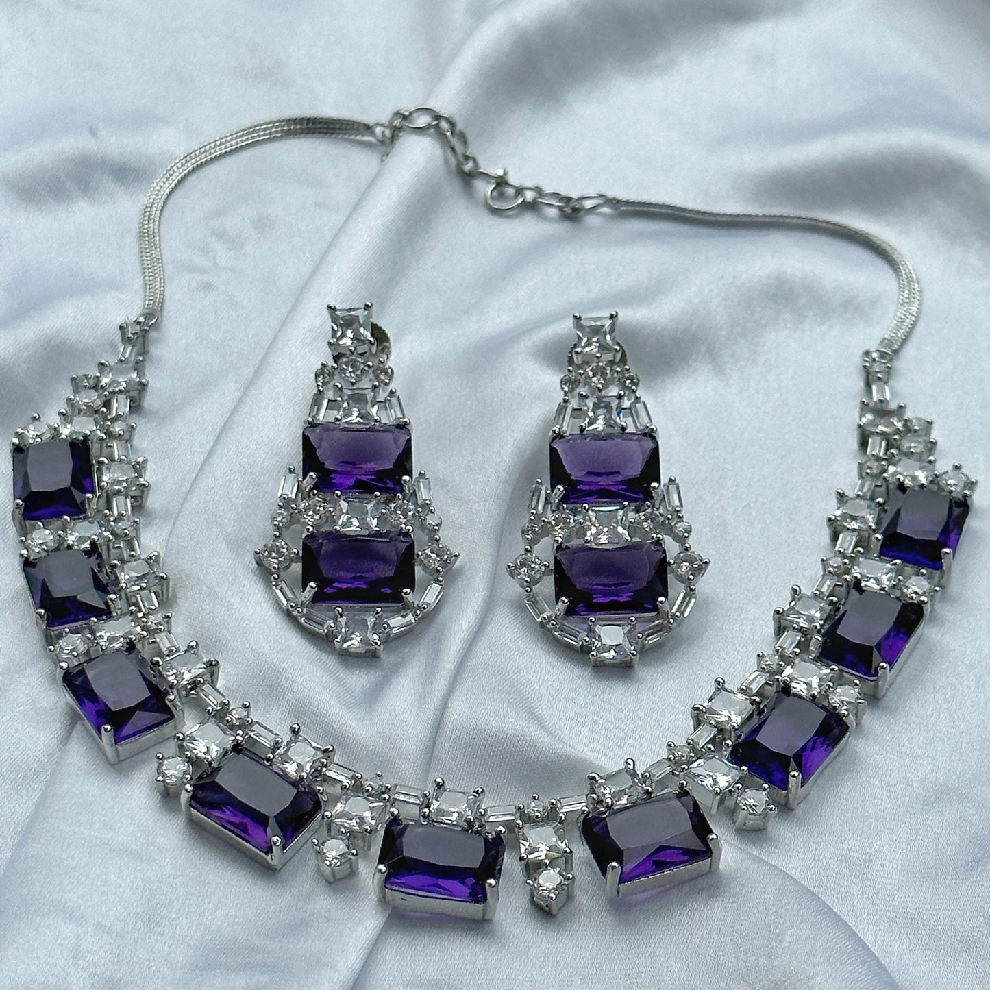 Deep Purple Amethyst Cubic Zircon American Diamond Silver Plated Necklace Set