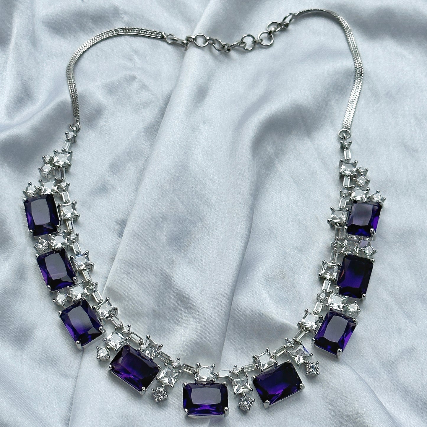 Deep Purple Amethyst Cubic Zircon American Diamond Silver Plated Necklace Set