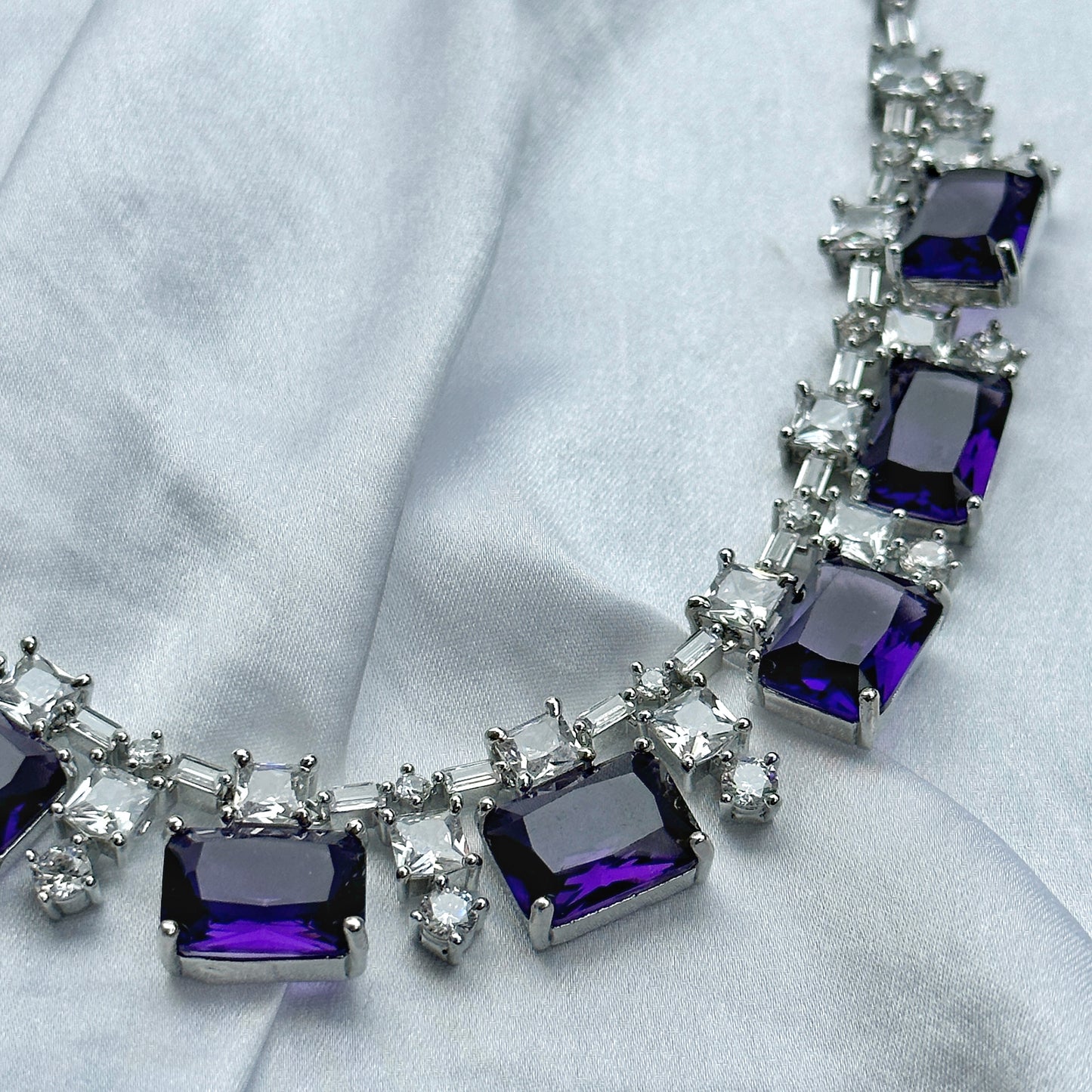 Deep Purple Amethyst Cubic Zircon American Diamond Silver Plated Necklace Set