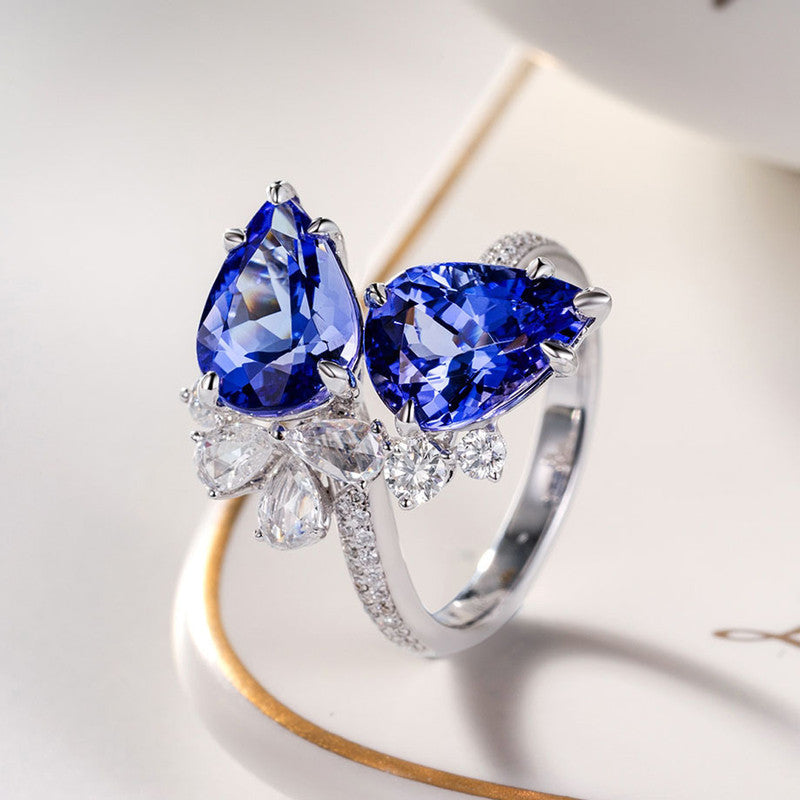 Blue Sapphire Cubic Zircon American Diamond Silver Plated Adjustable Ring