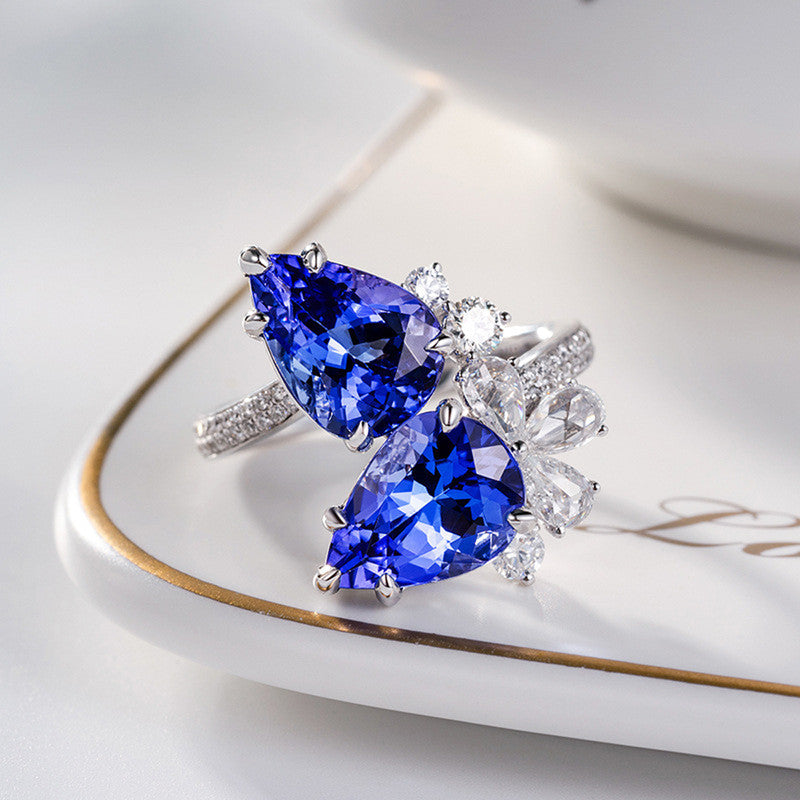 Blue Sapphire Cubic Zircon American Diamond Silver Plated Adjustable Ring