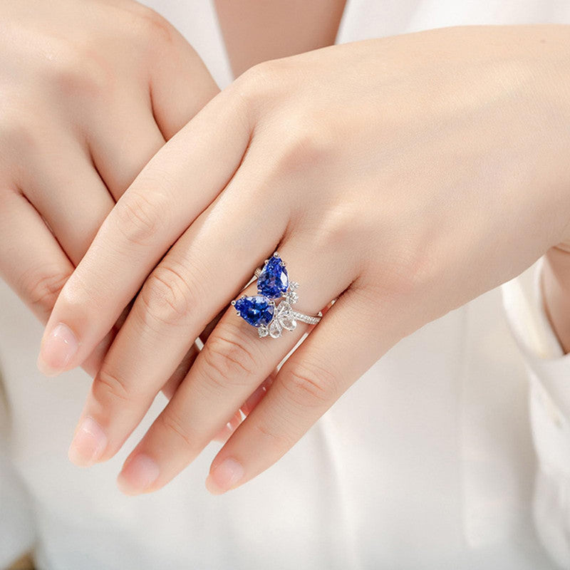 Blue Sapphire Cubic Zircon American Diamond Silver Plated Adjustable Ring