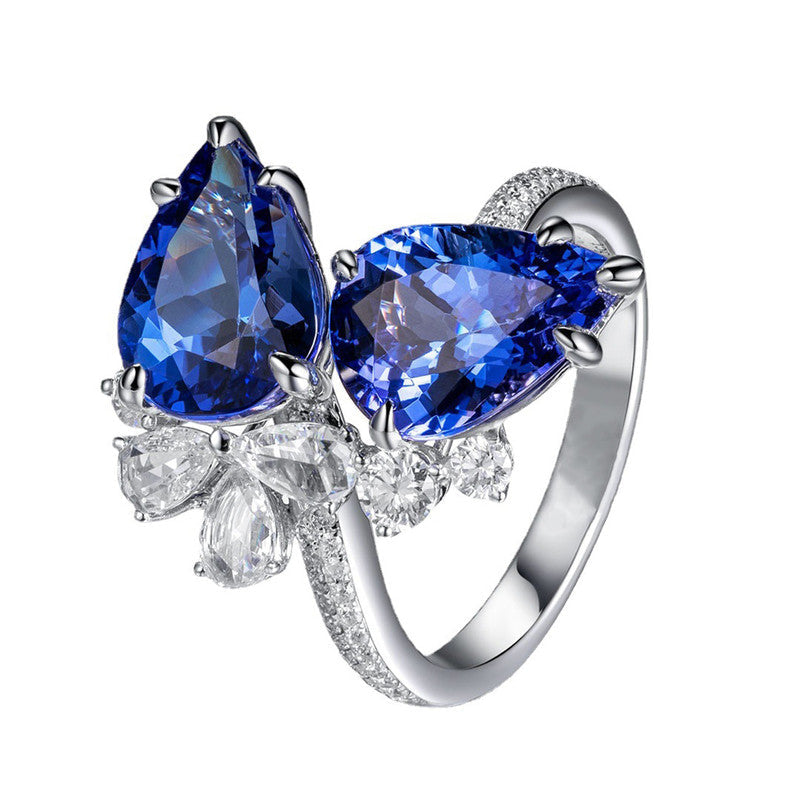 Blue Sapphire Cubic Zircon American Diamond Silver Plated Adjustable Ring