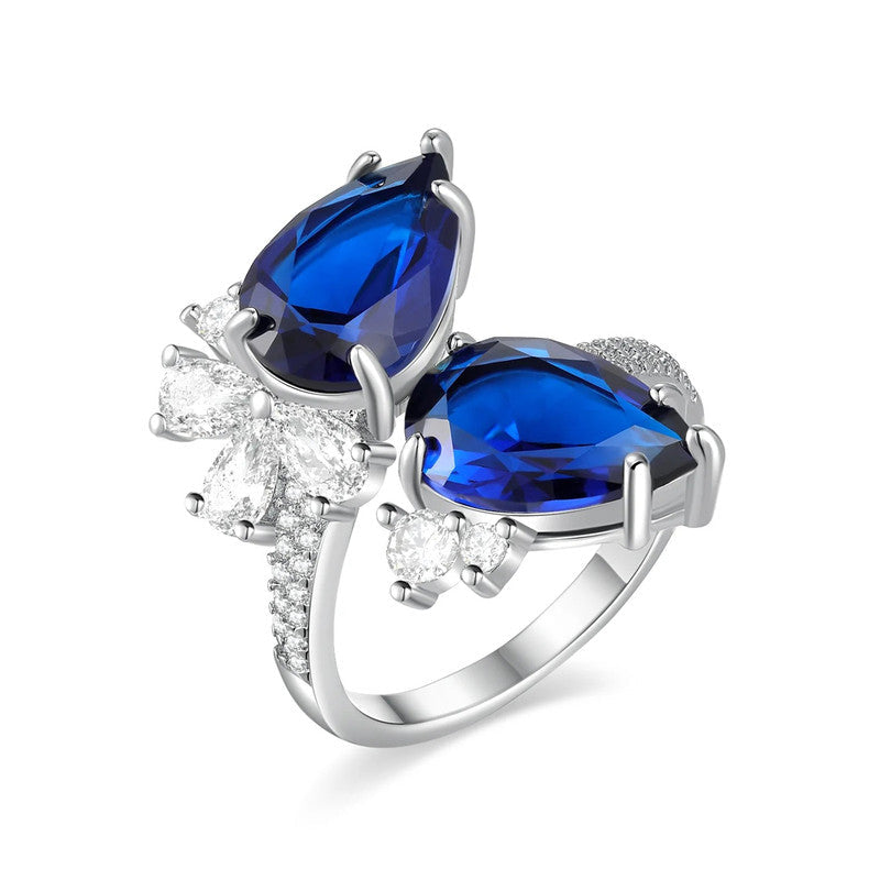 Blue Sapphire Cubic Zircon American Diamond Silver Plated Adjustable Ring