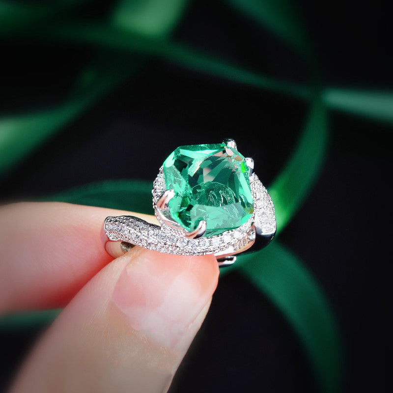 Sea Green Topaz Cubic Zircon American Diamond Silver Plated Adjustable Ring