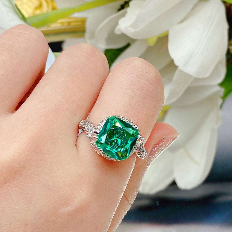 Sea Green Topaz Cubic Zircon American Diamond Silver Plated Adjustable Ring