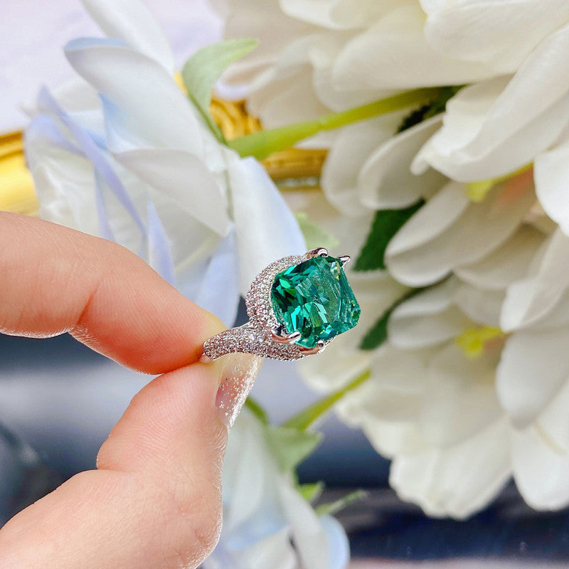 Sea Green Topaz Cubic Zircon American Diamond Silver Plated Adjustable Ring