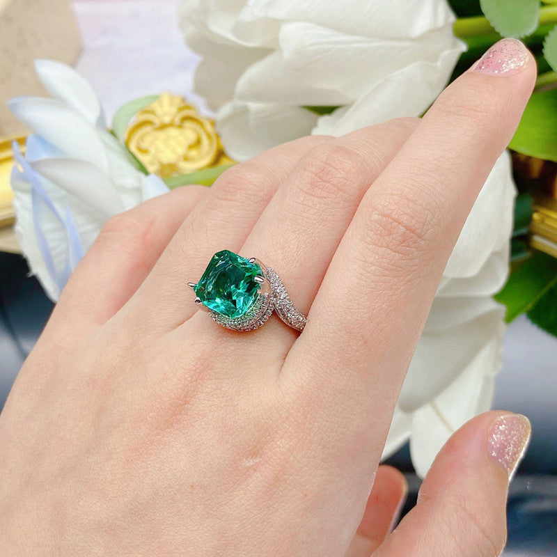 Sea Green Topaz Cubic Zircon American Diamond Silver Plated Adjustable Ring