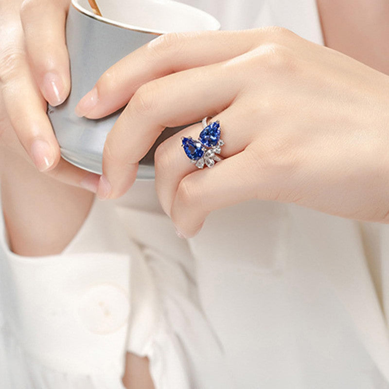 Blue Sapphire Cubic Zircon American Diamond Silver Plated Adjustable Ring