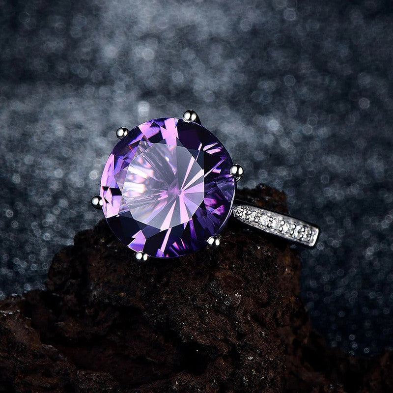 Deep Purple Amethyst Cubic Zircon Ice Cut American Diamond Silver Plated Adjustable Ring