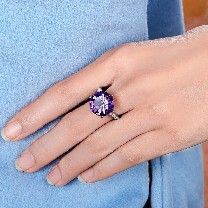 Deep Purple Amethyst Cubic Zircon Ice Cut American Diamond Silver Plated Adjustable Ring