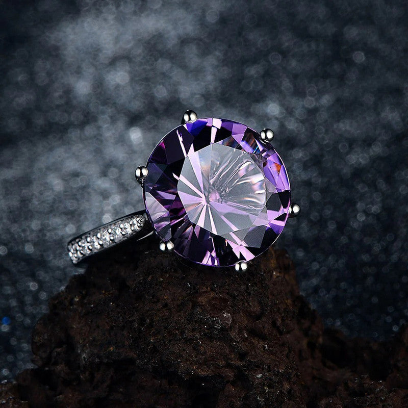 Deep Purple Amethyst Cubic Zircon Ice Cut American Diamond Silver Plated Adjustable Ring
