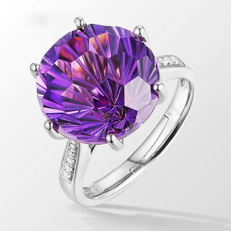 Deep Purple Amethyst Cubic Zircon Ice Cut American Diamond Silver Plated Adjustable Ring