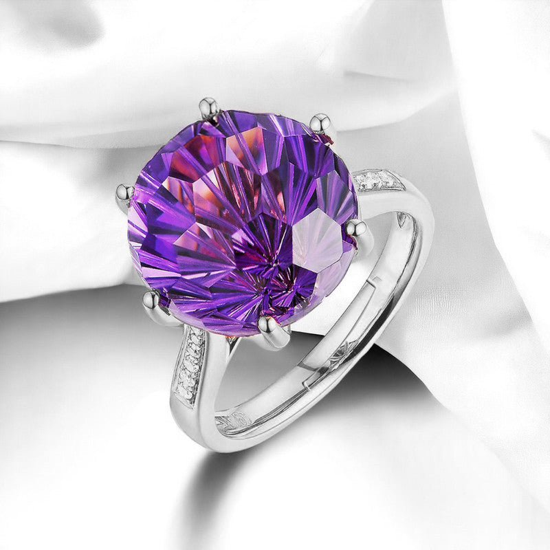 Deep Purple Amethyst Cubic Zircon Ice Cut American Diamond Silver Plated Adjustable Ring