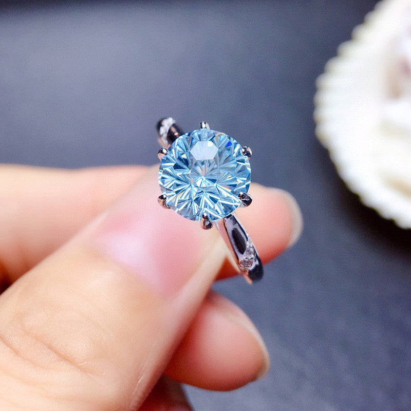 Aqua Blue Sapphire Cubic Zircon Ice Cut American Diamond Silver Plated Adjustable Ring