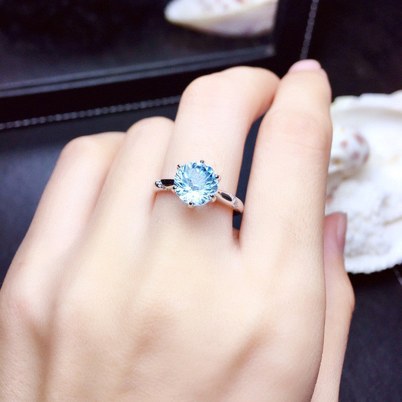 Aqua Blue Sapphire Cubic Zircon Ice Cut American Diamond Silver Plated Adjustable Ring