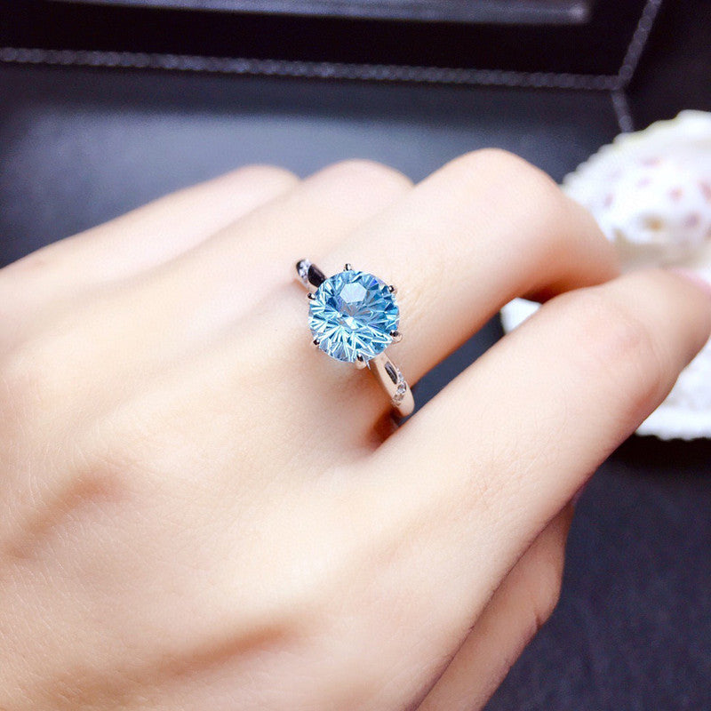 Aqua Blue Sapphire Cubic Zircon Ice Cut American Diamond Silver Plated Adjustable Ring