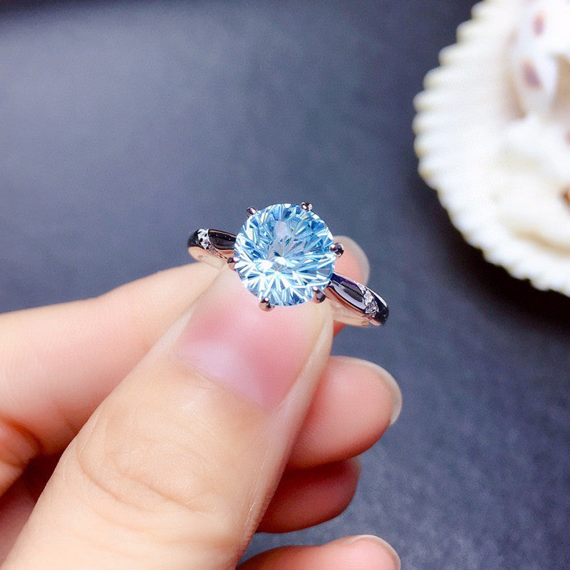 Aqua Blue Sapphire Cubic Zircon Ice Cut American Diamond Silver Plated Adjustable Ring