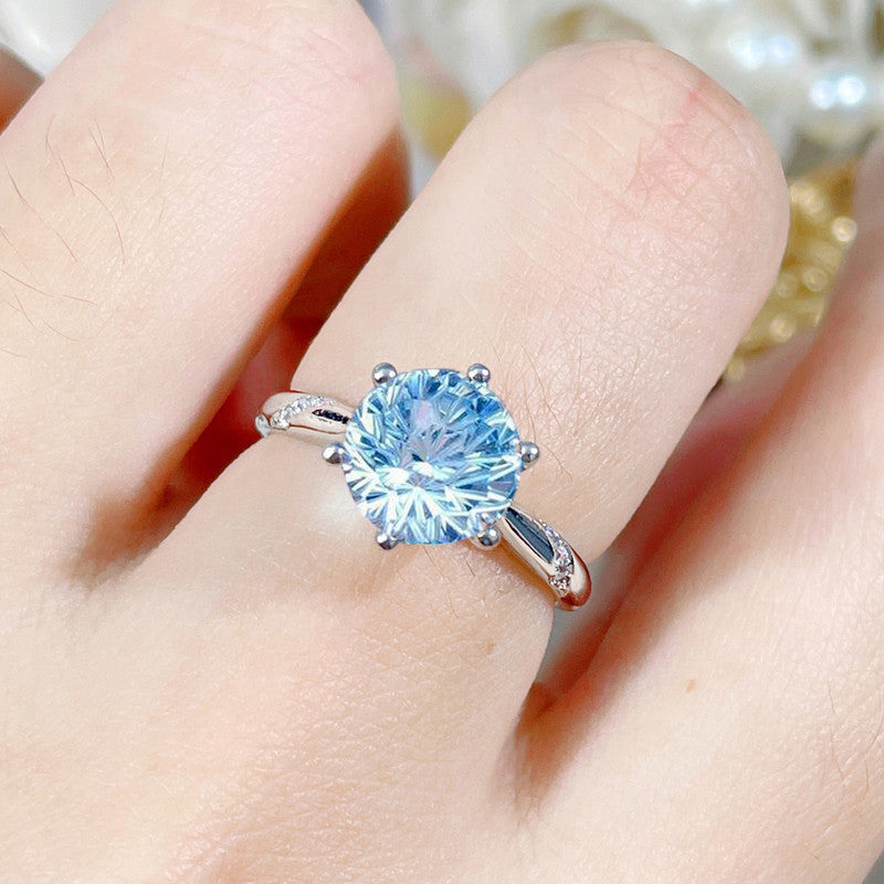 Aqua Blue Sapphire Cubic Zircon Ice Cut American Diamond Silver Plated Adjustable Ring