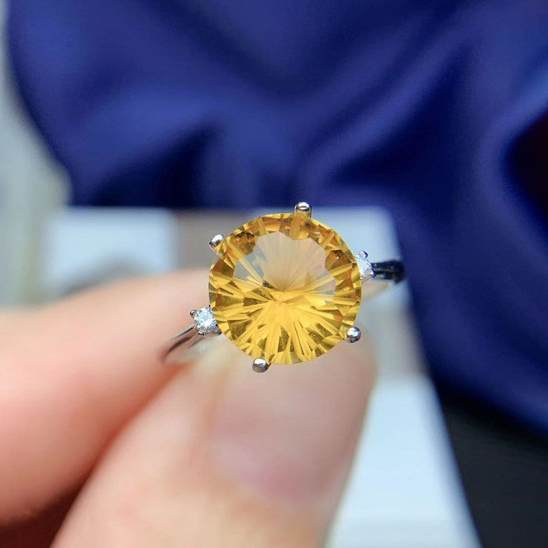 Yellow Topaz Cubic Zircon Ice Cut American Diamond Silver Plated Adjustable Ring