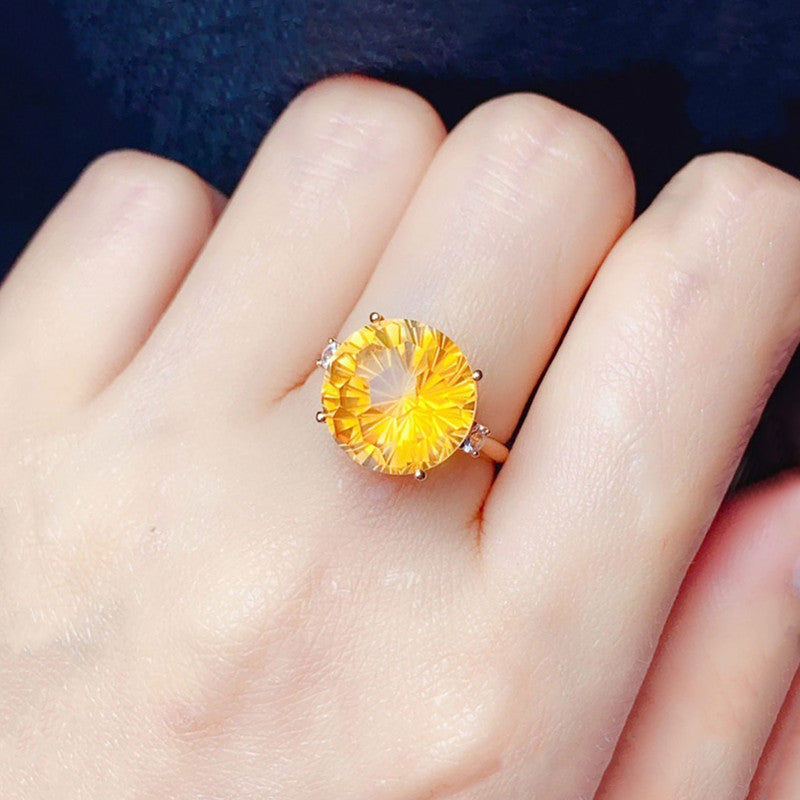 Yellow Topaz Cubic Zircon Ice Cut American Diamond Silver Plated Adjustable Ring