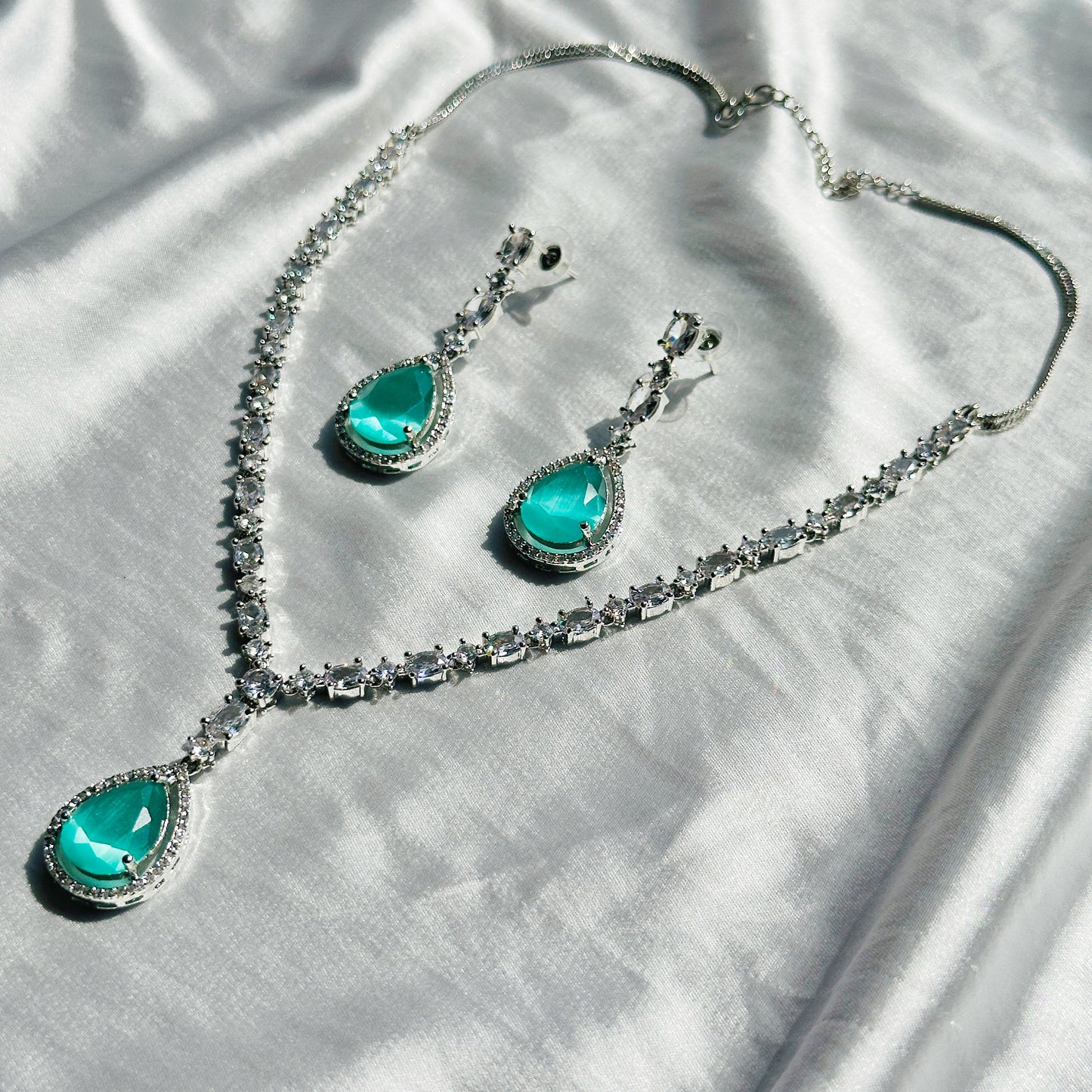 Mint Green Topaz Zircon Stone American Diamond Silver Plated Necklace Set