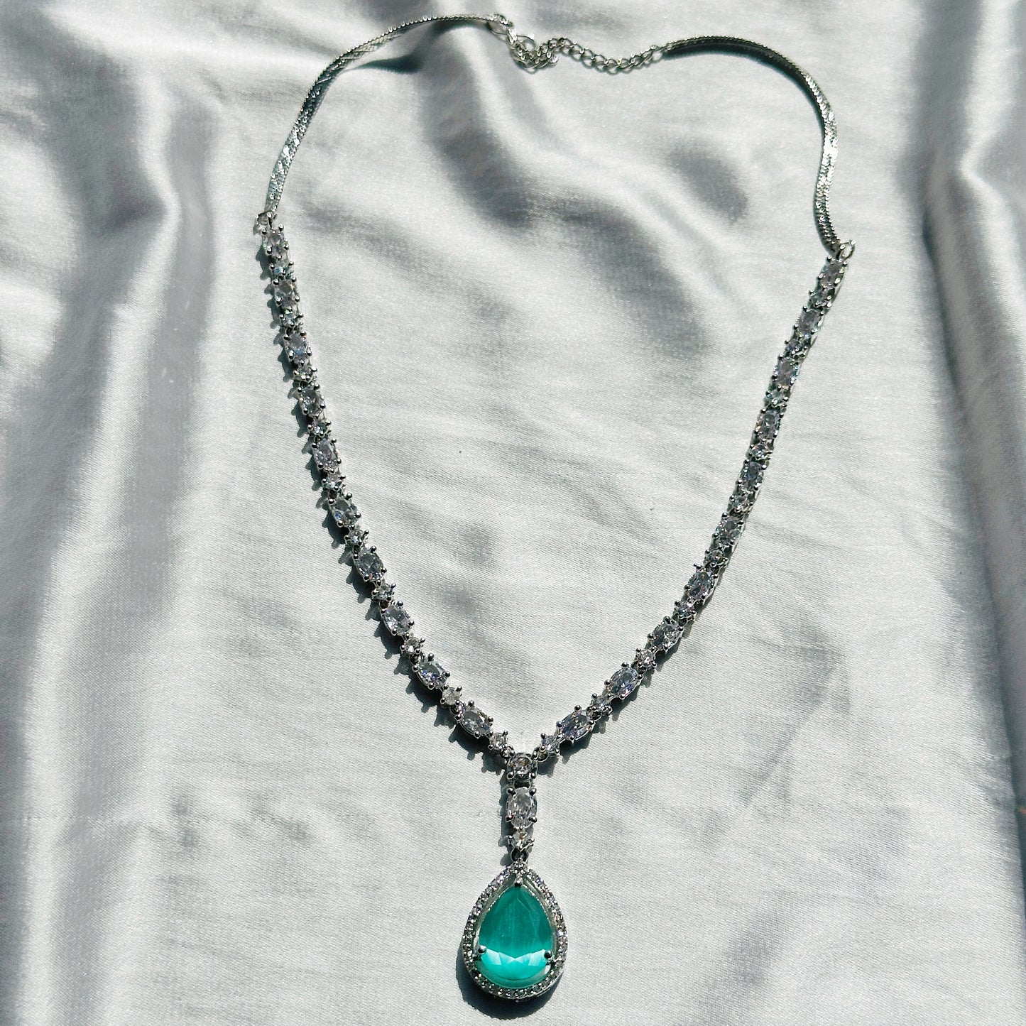 Mint Green Topaz Zircon Stone American Diamond Silver Plated Necklace Set