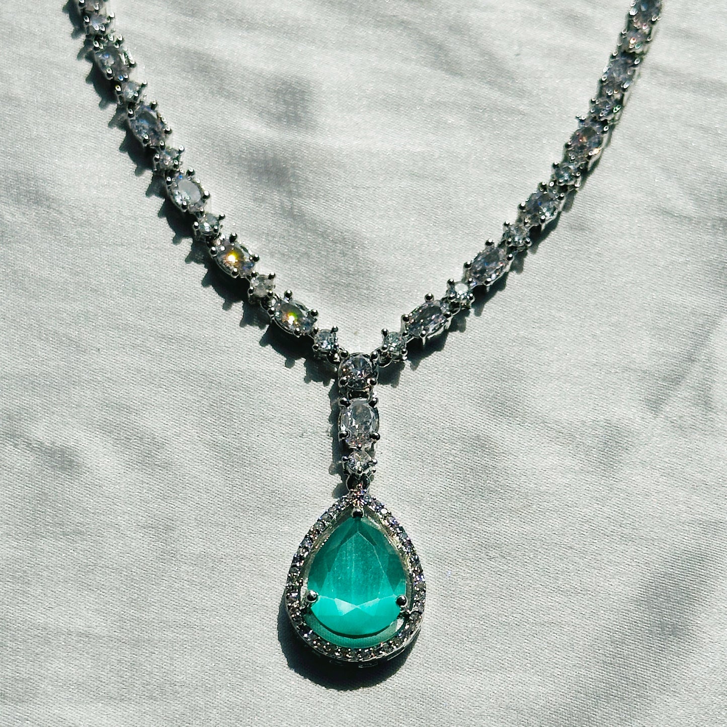 Mint Green Topaz Zircon Stone American Diamond Silver Plated Necklace Set