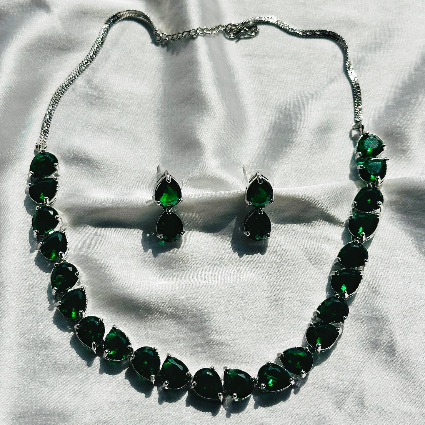 Green Emerald Cubic Zircon Stones Stones Silver Plated Necklace Set