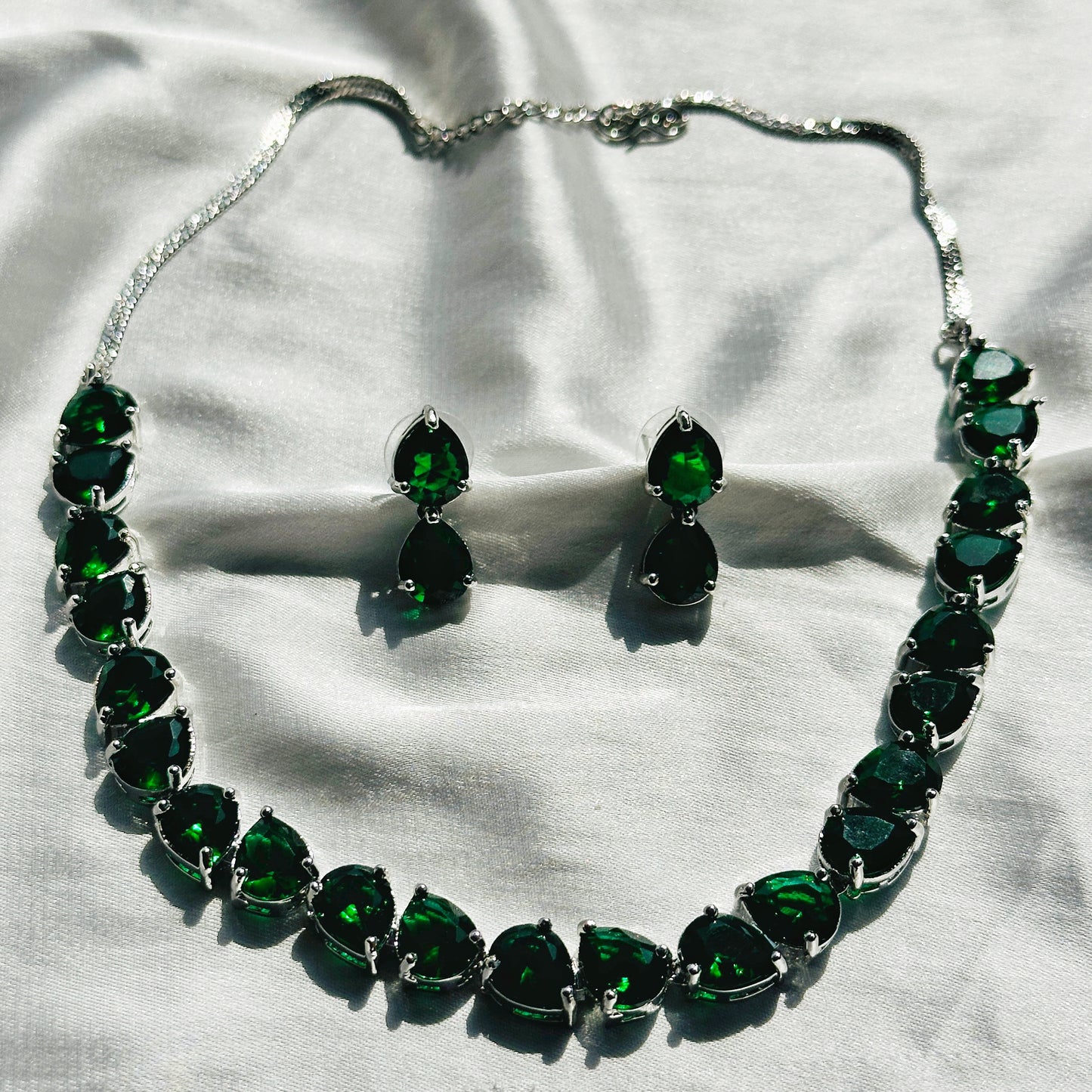 Green Emerald Cubic Zircon Stones Stones Silver Plated Necklace Set