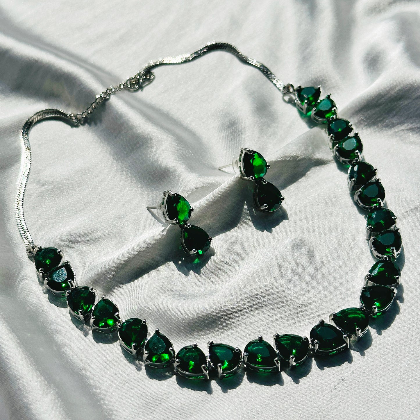 Green Emerald Cubic Zircon Stones Stones Silver Plated Necklace Set