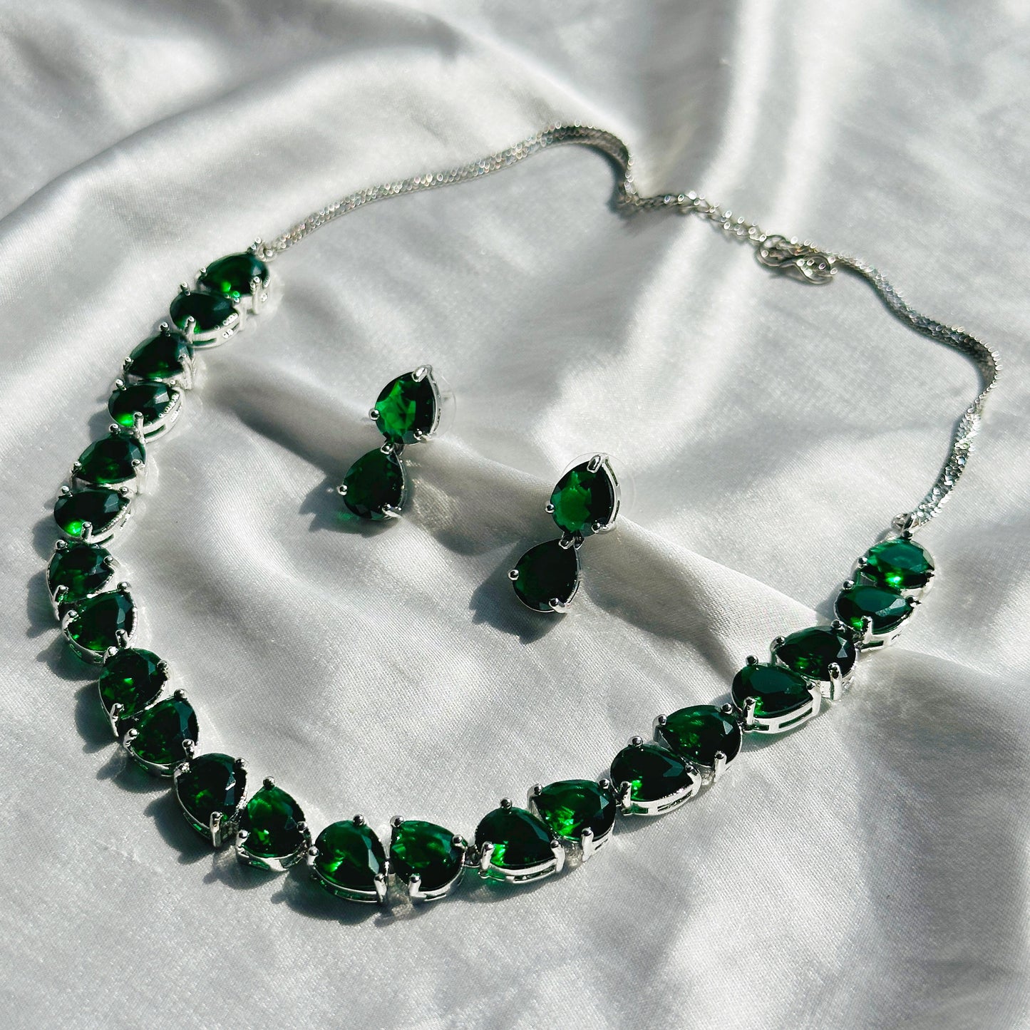Green Emerald Cubic Zircon Stones Stones Silver Plated Necklace Set