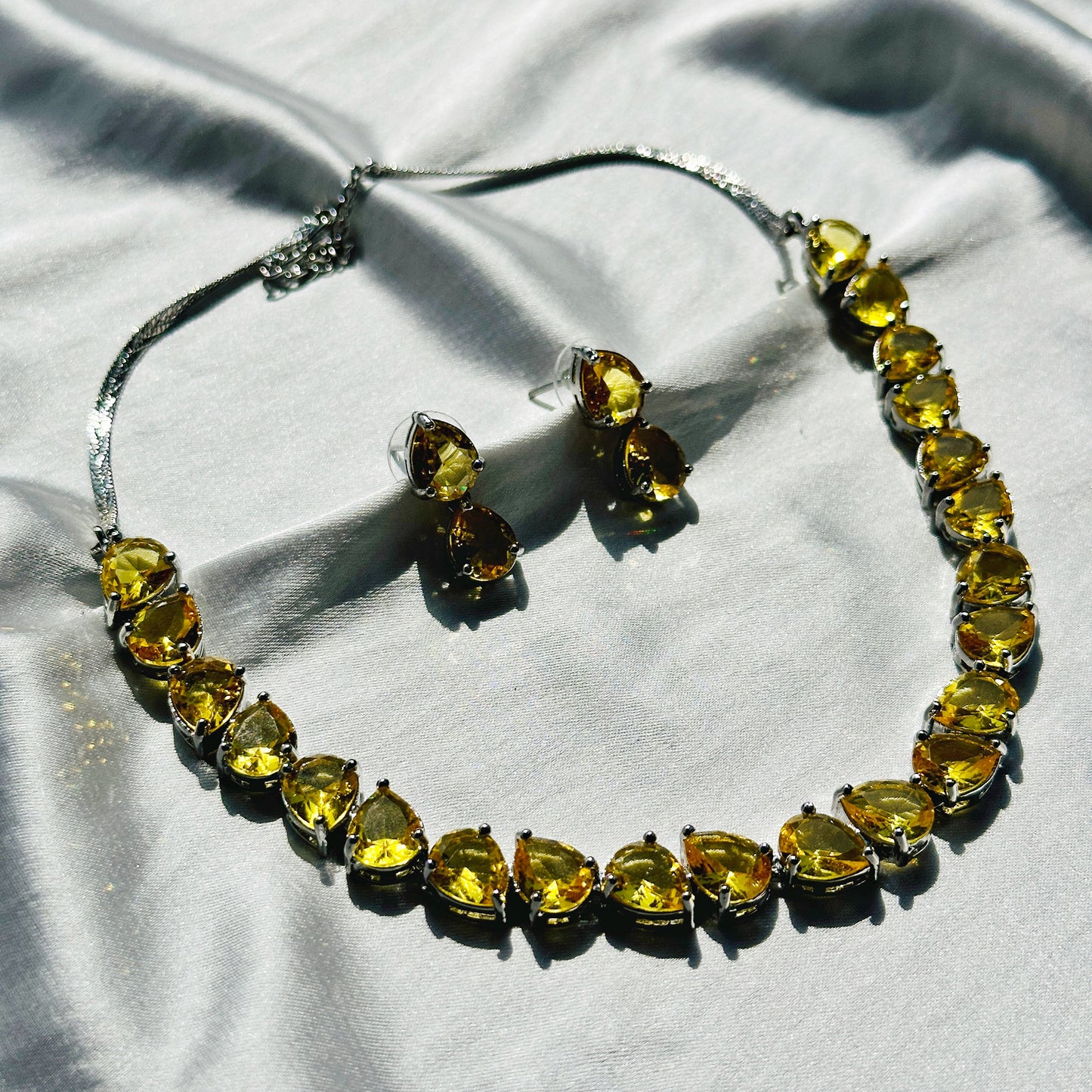 Yellow Topaz Cubic Zircon Stones Silver Plated Necklace Set