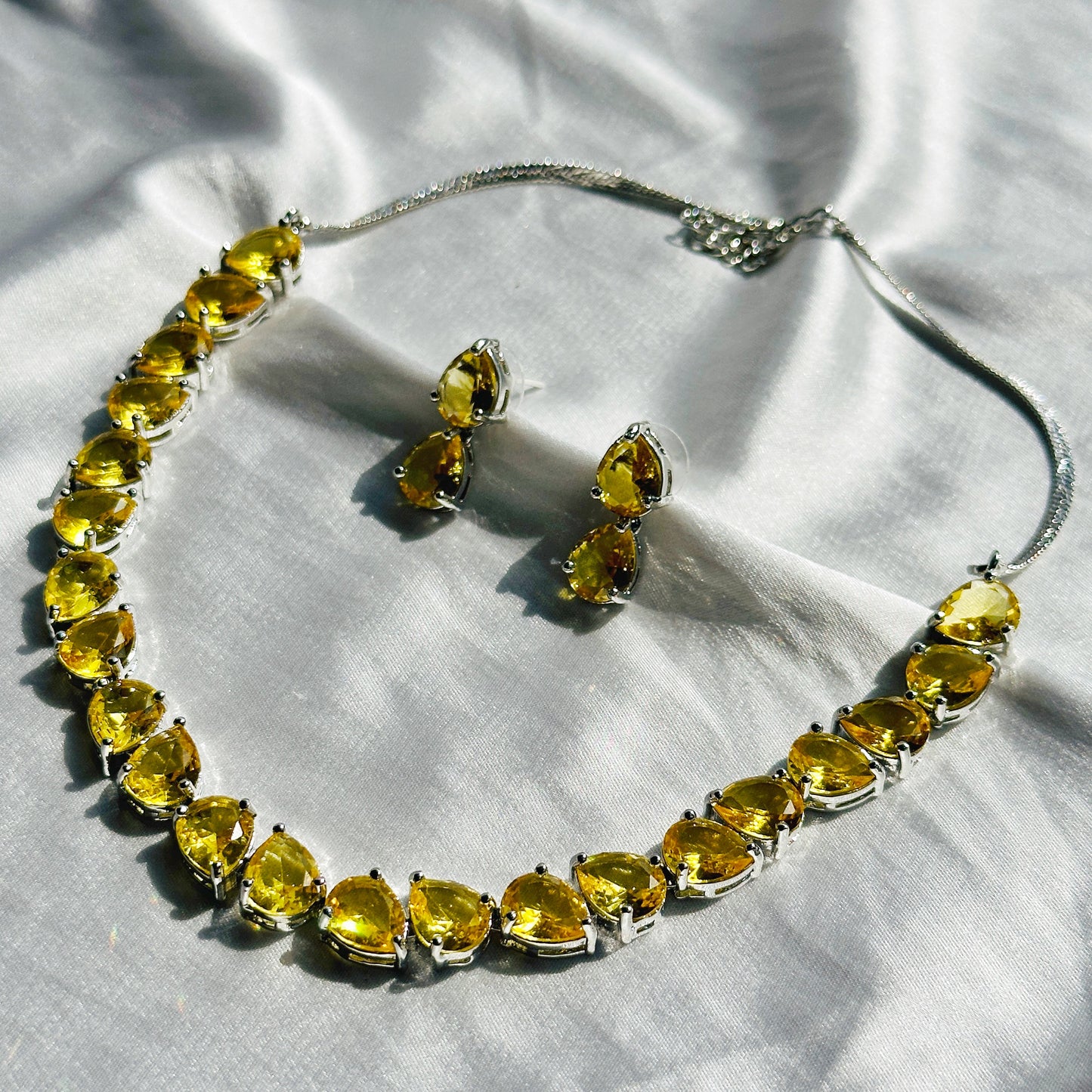 Yellow Topaz Cubic Zircon Stones Silver Plated Necklace Set