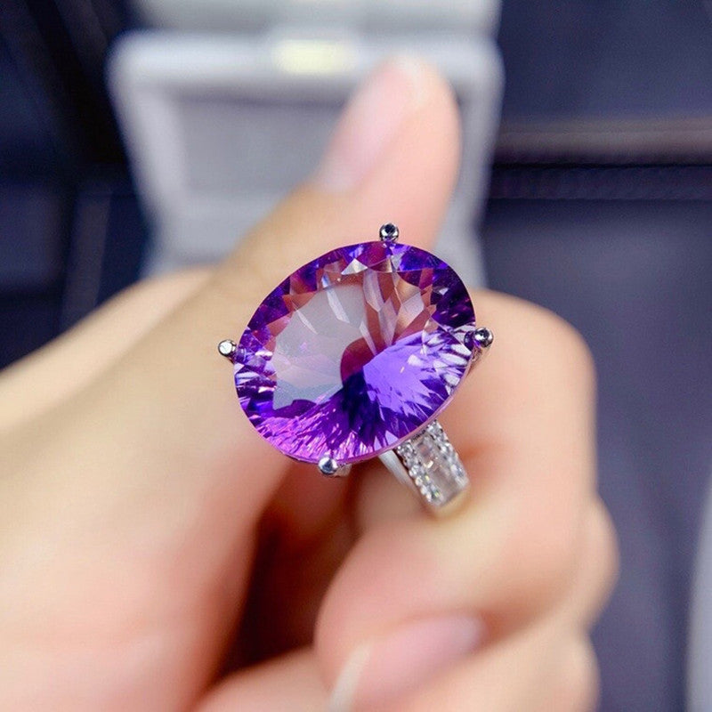Amethyst Cubic Zircon Ice Cut American Diamond Silver Plated Adjustable Ring