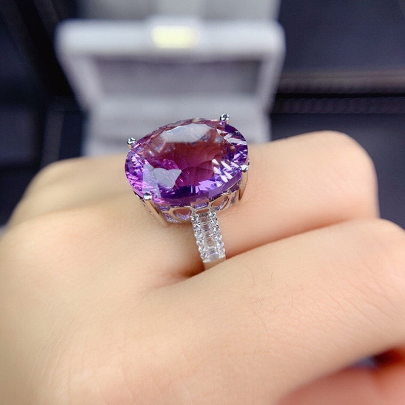 Amethyst Cubic Zircon Ice Cut American Diamond Silver Plated Adjustable Ring