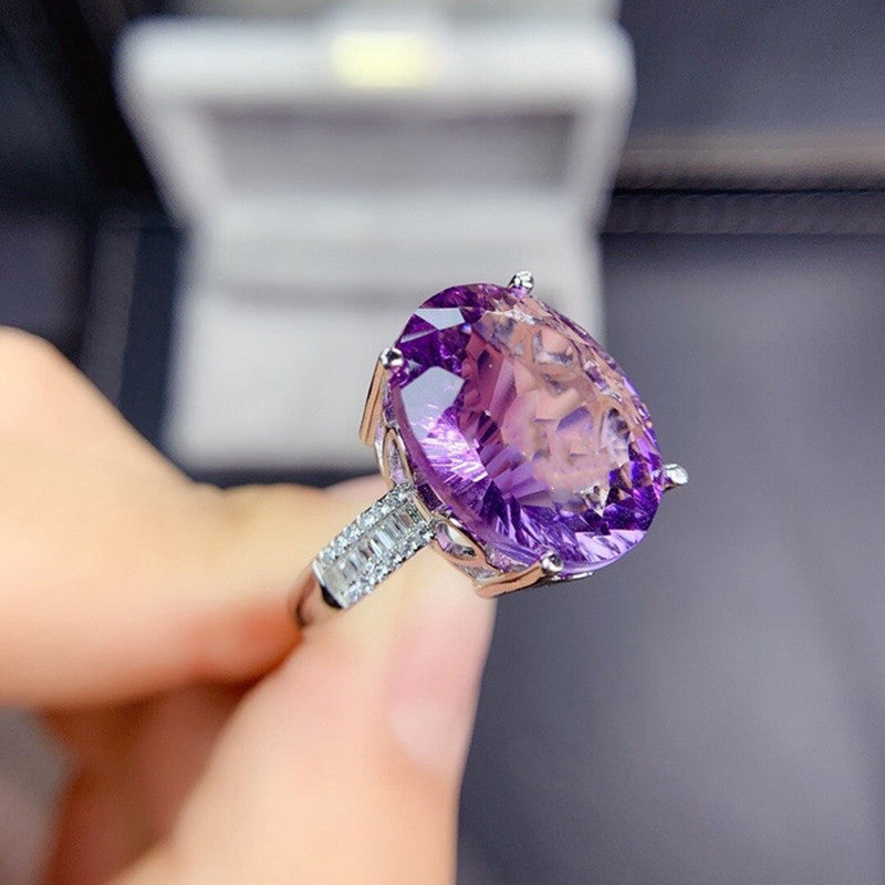 Amethyst Cubic Zircon Ice Cut American Diamond Silver Plated Adjustable Ring