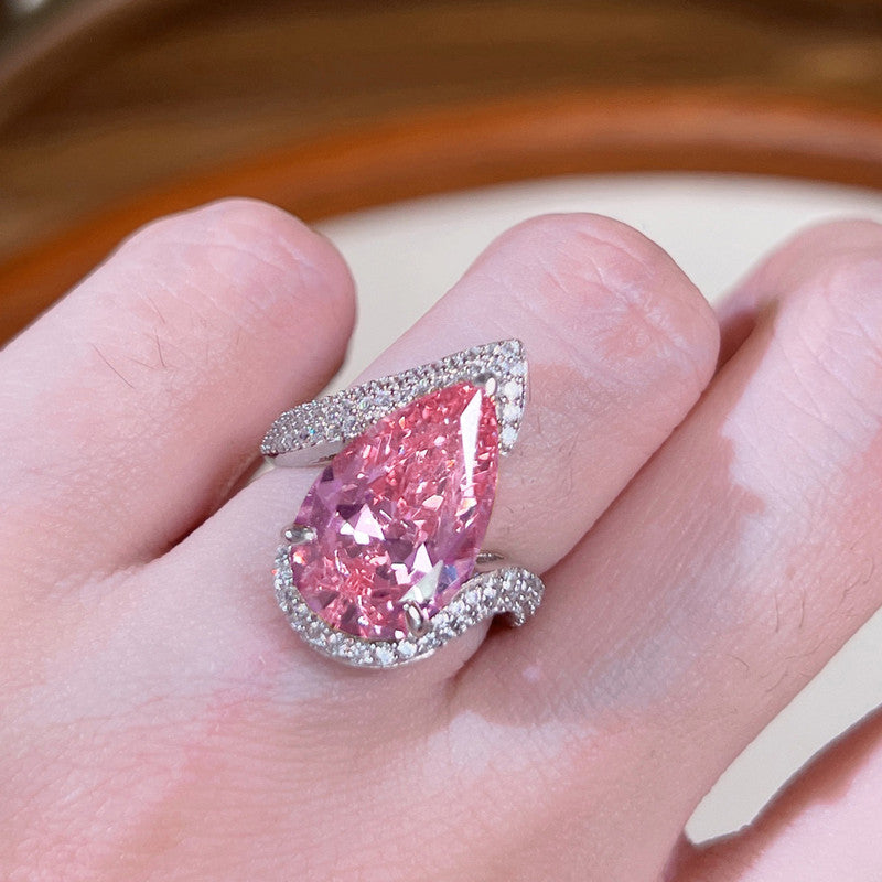 Pink Topaz Cubic Zircon Ice Cut Stone American Diamond Silver Plated Adjustable Ring