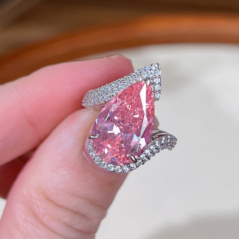 Pink Topaz Cubic Zircon Ice Cut Stone American Diamond Silver Plated Adjustable Ring