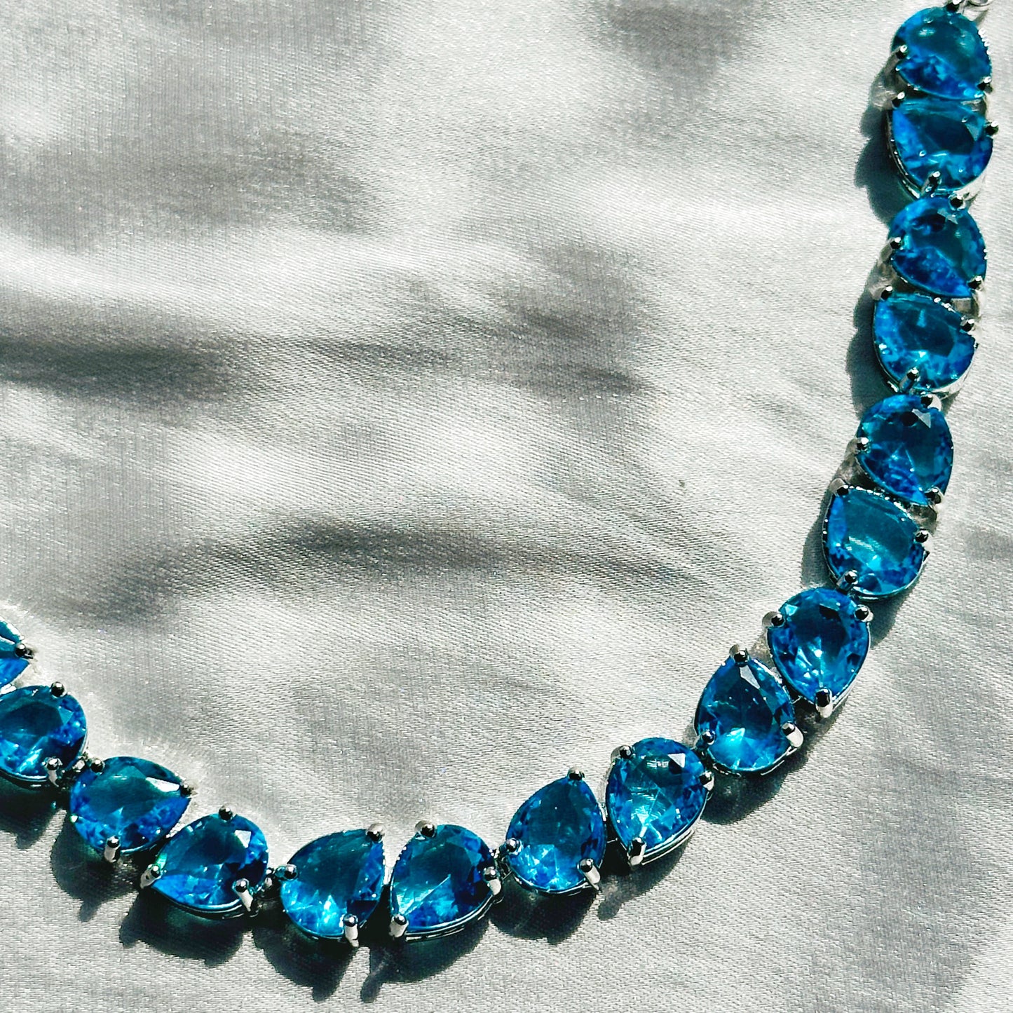 Aqua Blue Sapphire Cubic Zirconia American Diamond Silver Plated Necklace Set