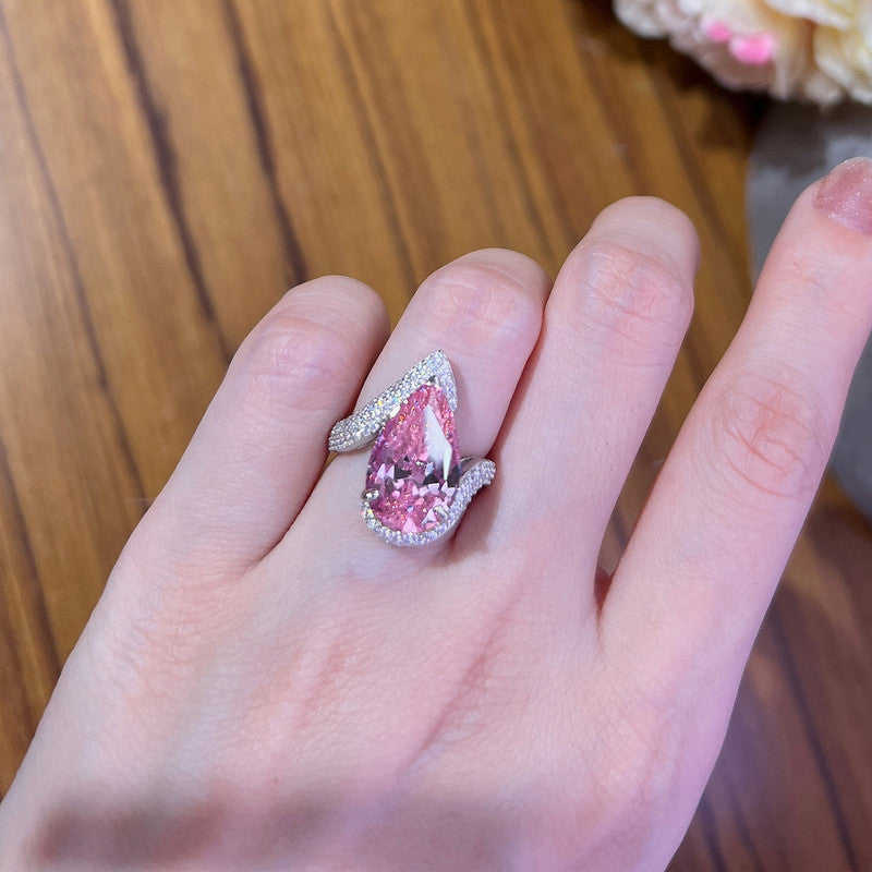 Pink Topaz Cubic Zircon Ice Cut Stone American Diamond Silver Plated Adjustable Ring