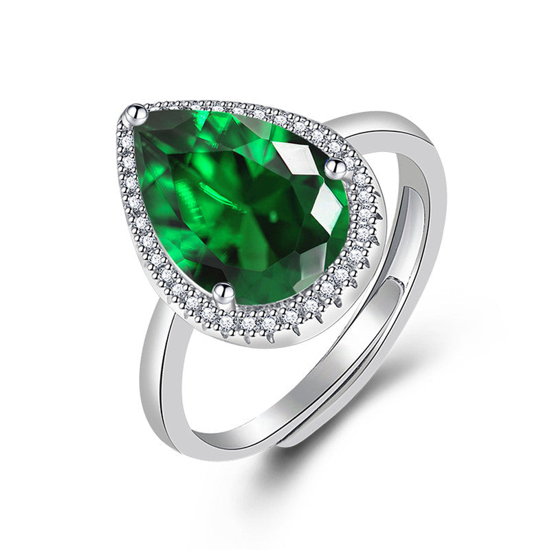 Green Emerald Cubic Zircon Ice Cut Stone American Diamond Silver Plated Adjustable Ring