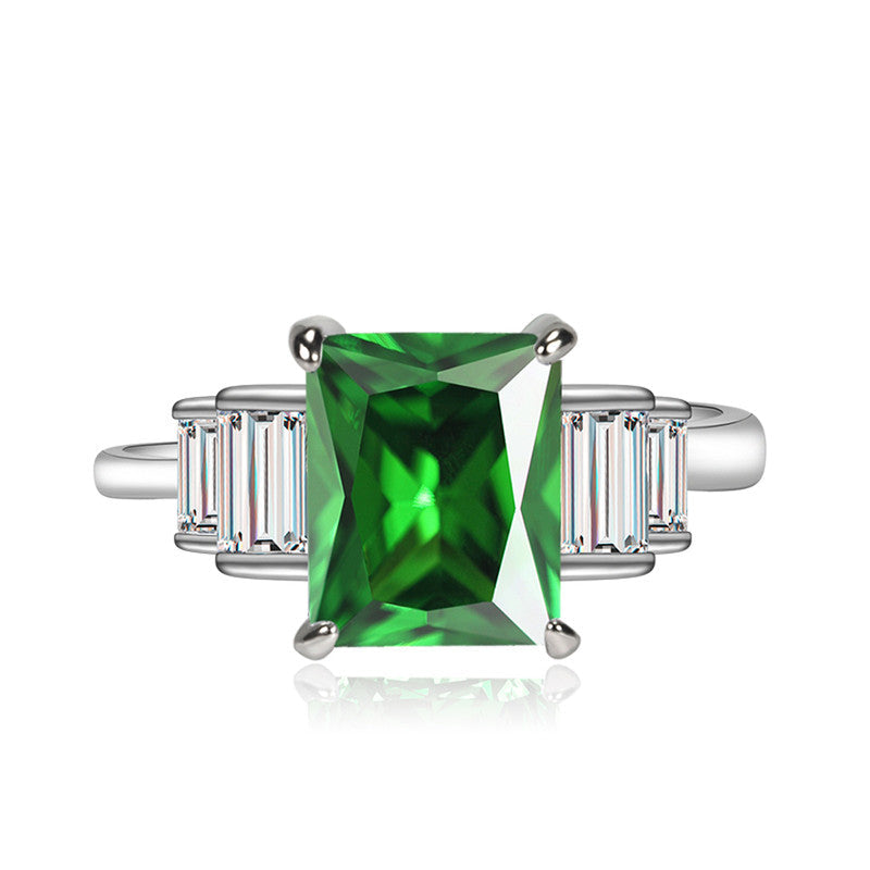 Green Emerald Cubic Zircon Ice Cut Stone American Diamond Silver Plated Adjustable Ring