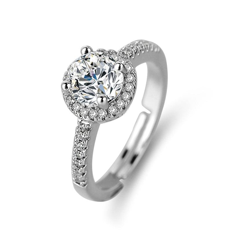 Solitaire Cubic Zircon Crushed Ice Cut Stone American Diamond Silver Plated Adjustable Ring