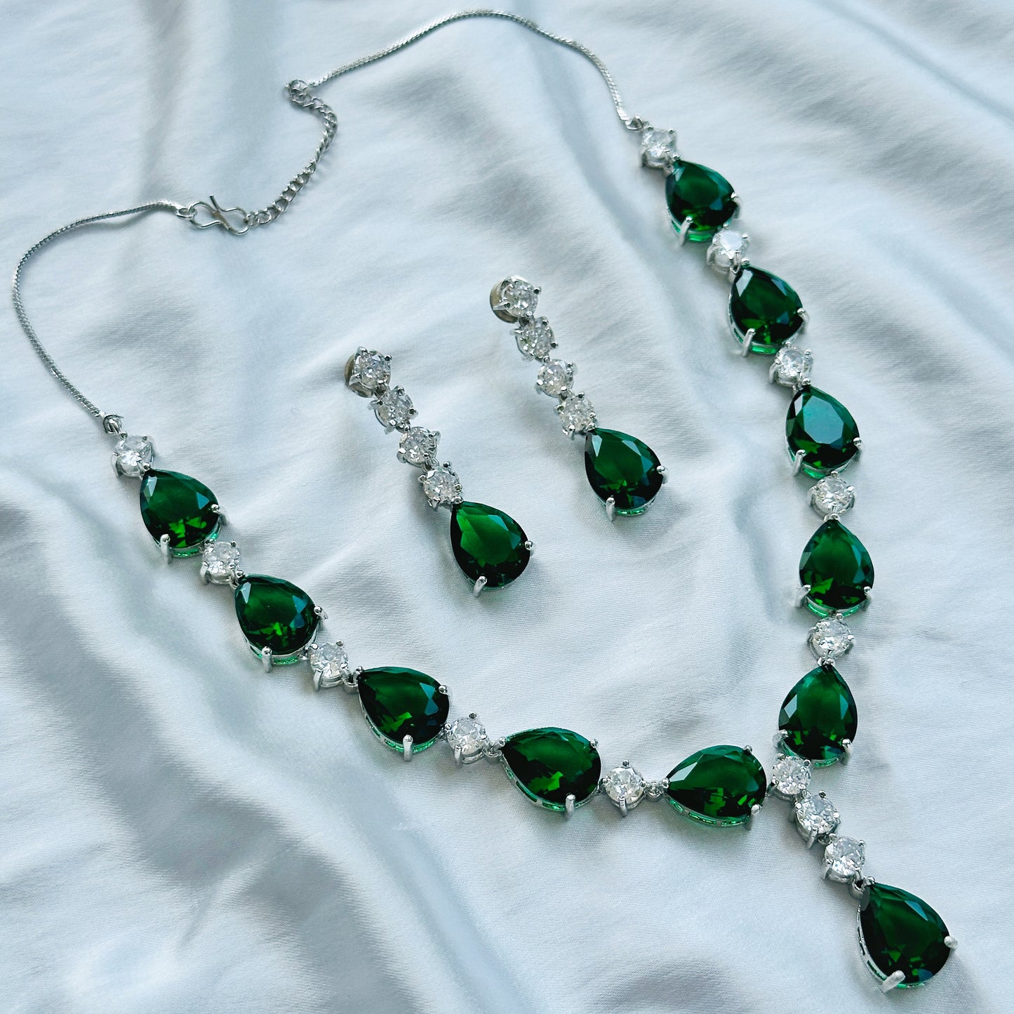 Green Emerald Cubic Zircon American Diamond Silver Plated Necklace Set